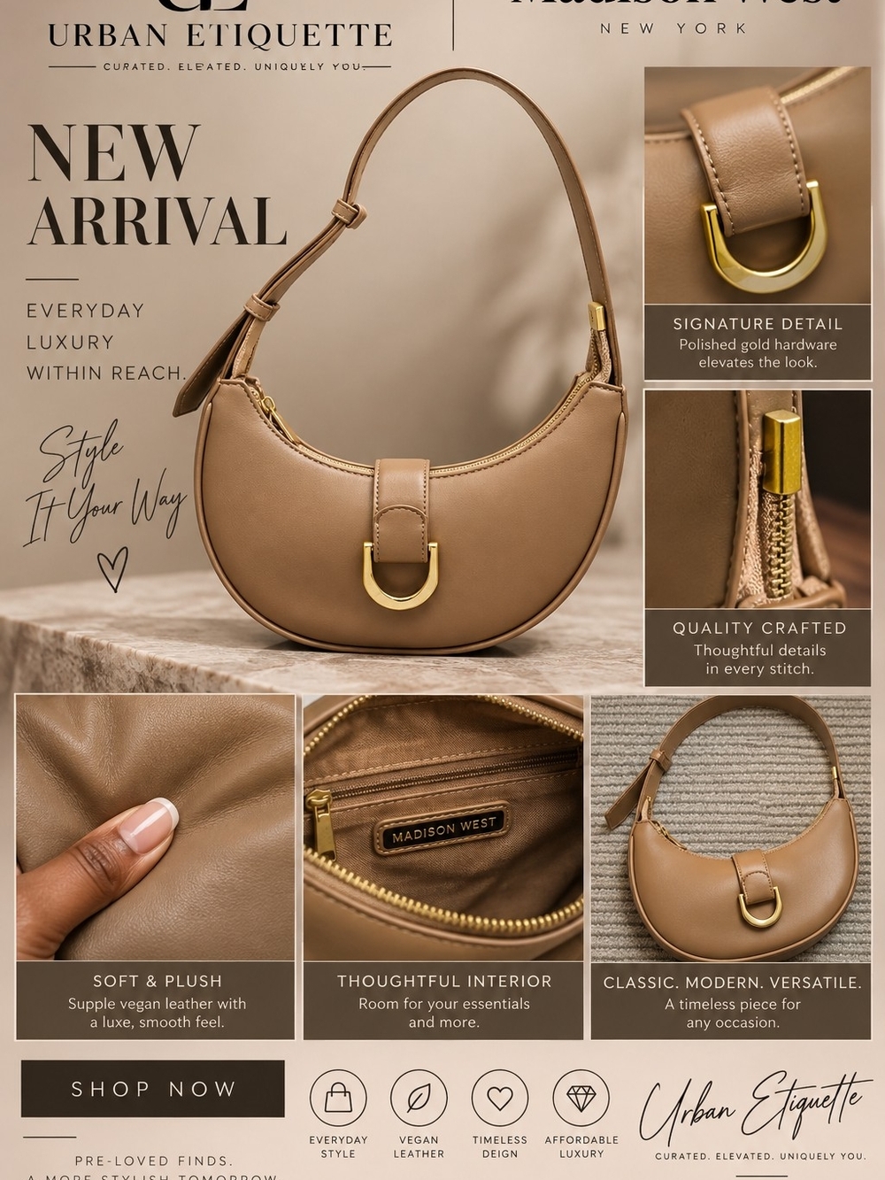 Madison West Taupe Crescent Leather Shoulder Bag - Women - Picture 3 of 7